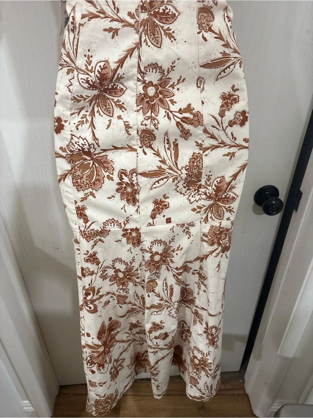 Bohemian cottagecore Ivory and Brown Floral V-Neck Puff Sleeve Dress